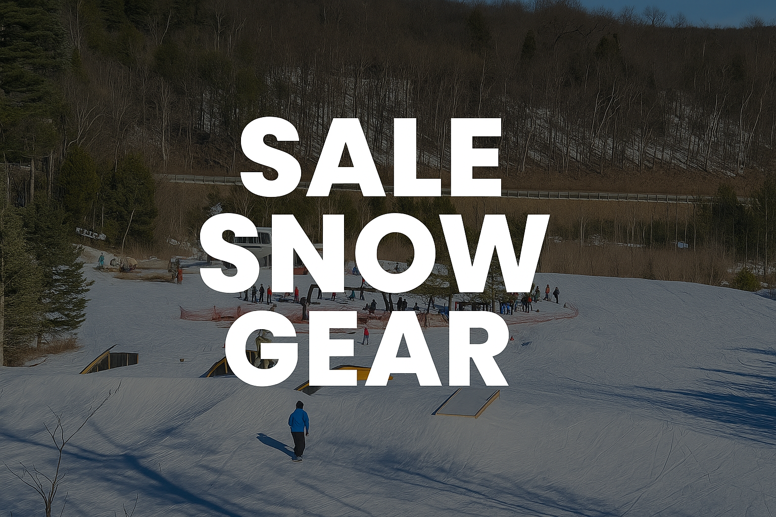 Wide promotional banner at Lakeridge Ski Resort with bold SALE SNOW GEAR text, Switch Skate & Snow sale promotion
